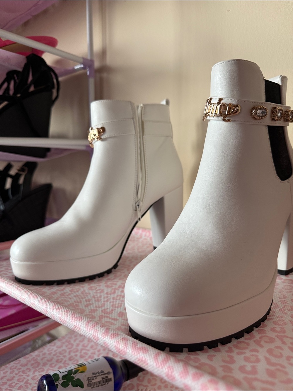 Juicy Couture White Platform Ankle Boots with Gem Strap